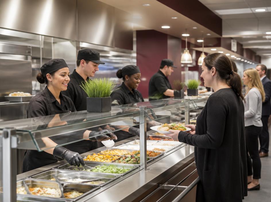 Professional staff serving meals in an industrial cafeteria
